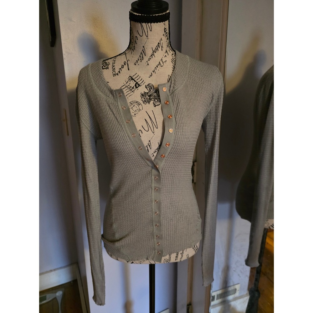 Free People Intimately Thermal Henley Top Sage Green Snap Button Waffle Knit M